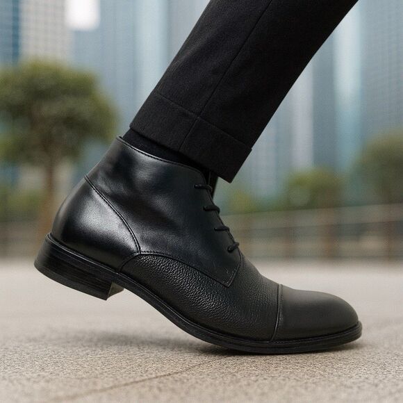 Alfani Mens‎ 9.5 Cap Toe Leather Ankle Boots Black Textured Dress Lace Up READ*